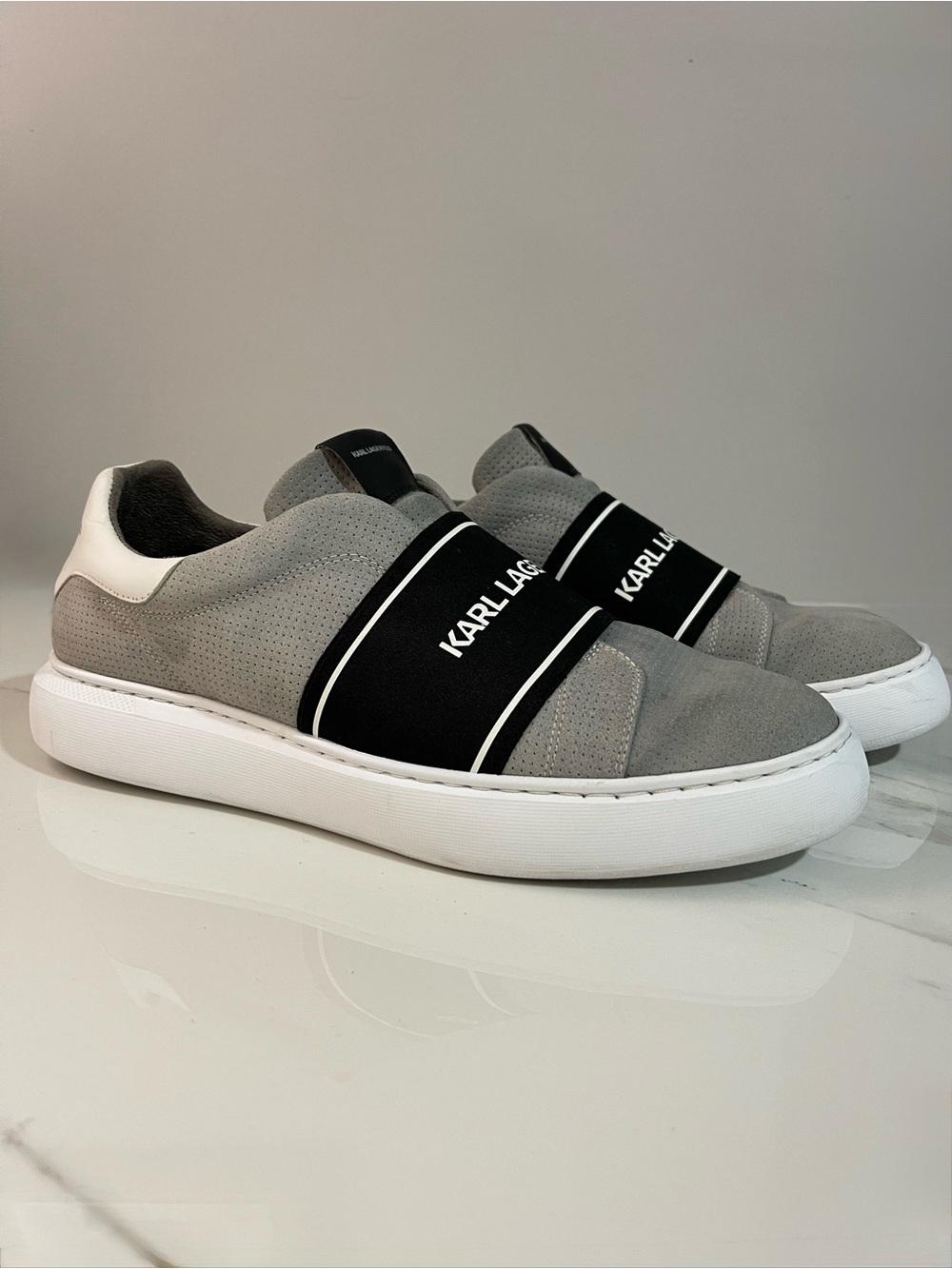 Karl Lagerfeld Gray Slip-On Sneakers with Black Branded Strap